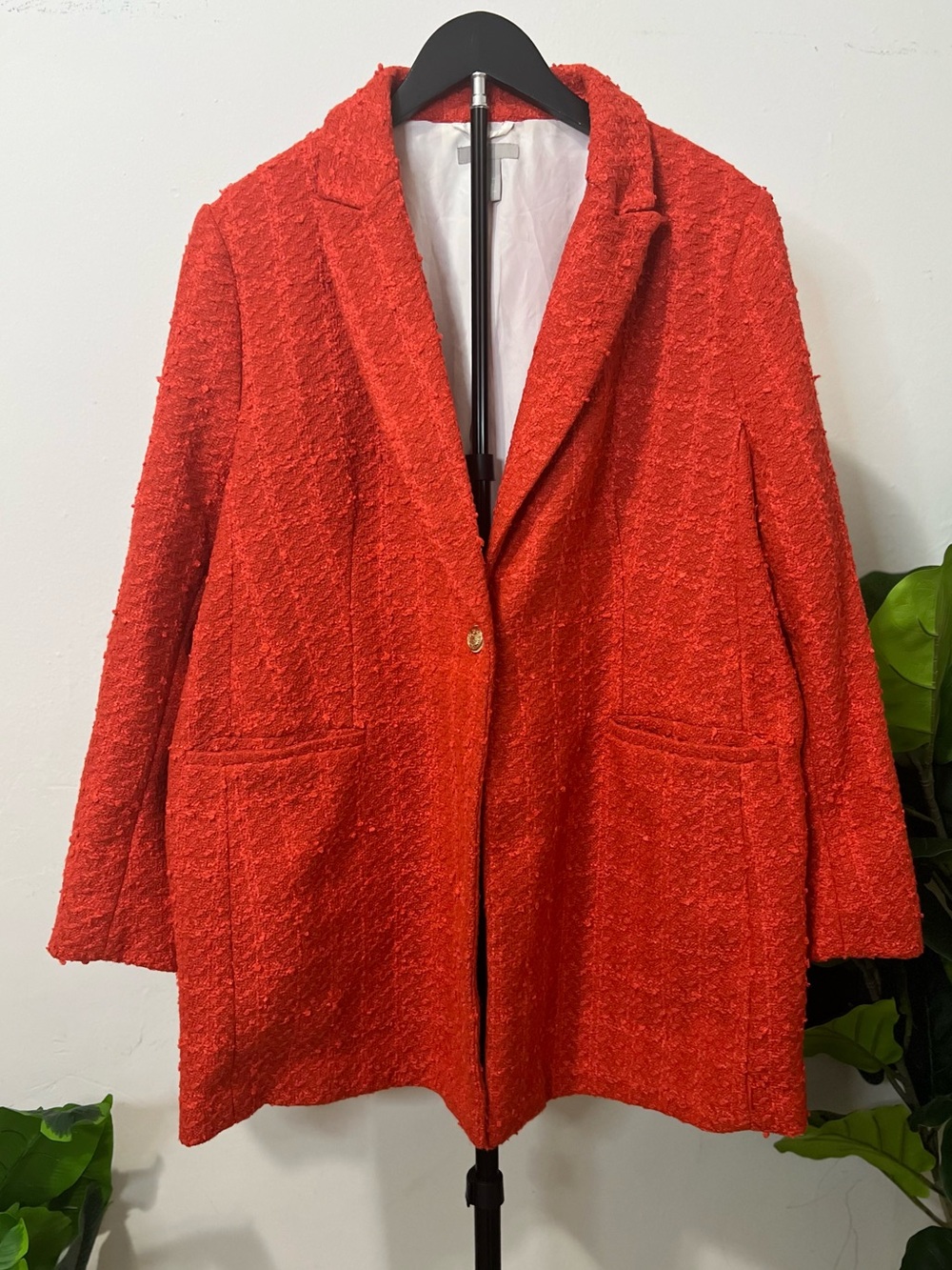 H&M Orange Red Textured Bouclé Longline Blazer Jacket XL